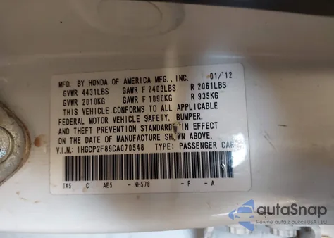 2012 Honda Accord 2.4 Ex-L z USA, uszkodzony, nr VIN 1HGCP2F89CA070548